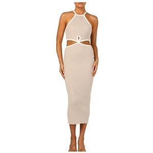 KMOLY Cut Out Bodycon Midi Tank Dress Tan & White Size Small